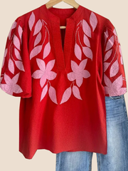 Women's V Neck Puff Sleeve Floral Embroidery T-Shirt