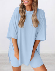 Women's Round Neck Side Slit Short Sleeve Top Tight Shorts Set