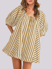 Women's Casual Loose Puff Sleeve Striped Romper