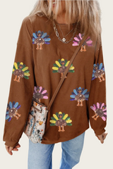 Women's Sequin Turkey Patch Thanksgiving Corduroy Sweatshirt