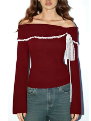 Women's Lace Bow Off-Shoulder Knit Top