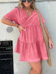 Denim Ruffle V-Neck Mini Dress
