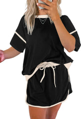 Women's Short Sleeve Tops and Drawstring Skort Matching Sets