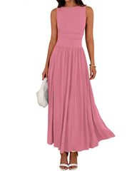 Women's Solid Sleeveless Ruched High Waisted Tank Dress with Pockets