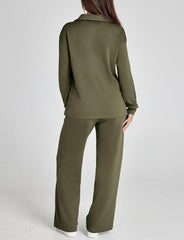 Women's Casual Polo Top and Wide Leg Pants Matching Sets