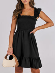 Women's Square Neck Smocked Ruffle Dress