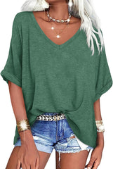 Women's Casual Oversized V-Neck Shoer Sleeve T-Shirt