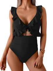 Tummy Control Ruffle Bathing Suit V Neck Ruched Swim Suit