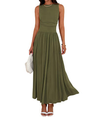 Women's Solid Sleeveless Ruched High Waisted Tank Dress with Pockets
