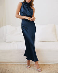 Mock Neck Keyhole Elastic High Waist Maxi Dress