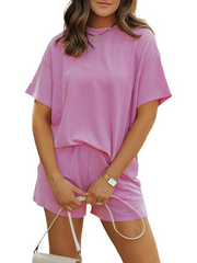 Women's Crew Neck Ribbed Textured Shorts Set