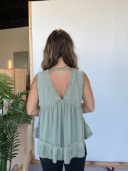 New V-neckline Sleeveless Flow Top with Lace Trim