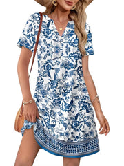 Women's Printed V Neck Short Sleeve Mini Dress With Pockets