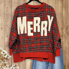 "MERRY" Fuzzy Letter Patches Christmas Plaid Sweatshirt