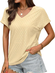 Women's Casual V Neck Short Sleeve Eyelet Tops