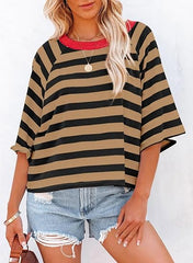 Women's Drop Shoulder Short Sleeve Striped Casual T-Shirts