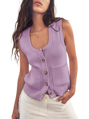 Women's Knitted Ribbed Sleeveless Button Down Top