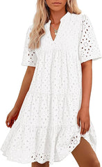 Women's V Neck Short Sleeve Hollow Out Mini Vacation Dress