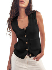 Women's Knitted Ribbed Sleeveless Button Down Top