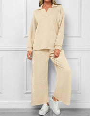 Women's Lapel V Neck Textured Lounge Sets