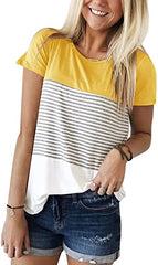 Striped Panel Crew Neck Short Sleeve Casual T-Shirt