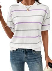 Women's Crewneck Short Sleeve Knit Striped Tops