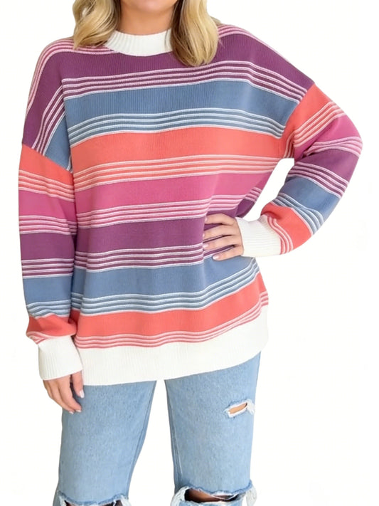 Women'S Colorful Striped Crew Neck Sweater