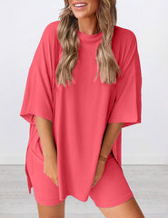 Women's Round Neck Side Slit Short Sleeve Top Tight Shorts Set