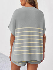 Women's Striped Batwing Short Sleeve Tops High Waisted Shorts Knit Lounge Sets