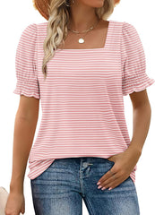 Women's Square Neck Smocked Sleeve Casual Tops
