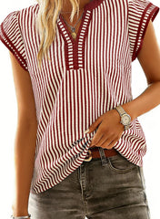 Women's Casual V Neck Flutter Sleeves Striped Top