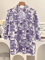 Women's V-neck Ruffle Collar Printed Shirts