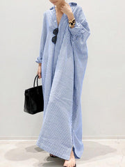Women's Long Sleeve Button Down Loose Striped Maxi Shirt Dress