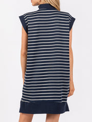 Women's Striped Knit Cap Sleeve Half-Zip Mini Dress