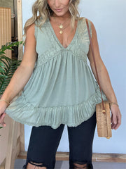 New V-neckline Sleeveless Flow Top with Lace Trim