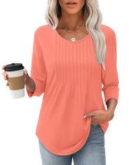 Women's 3/4 Length Sleeve Crewneck Casual Pleated Tunic Tops