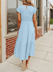 Women's Summer Casual Flutter Short Sleeve Smocked Midi Dress