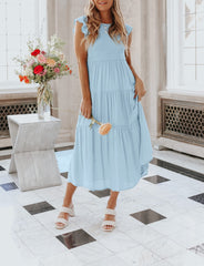 Women's Summer Casual Flutter Short Sleeve Smocked Midi Dress