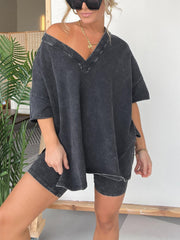 Women's Washed Short Sleeve and Cycling Shorts Set