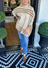 Women's High Neck Bat Sleeve Striped Sweater