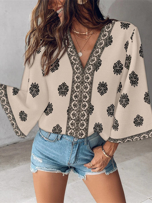 Women's Bohemian Print V-Neck 3/4 Bell Sleeve Top