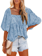 Ladies Square Collar Jacquard Chiffon Loose Tops
