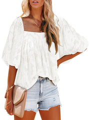 Ladies Square Collar Jacquard Chiffon Loose Tops