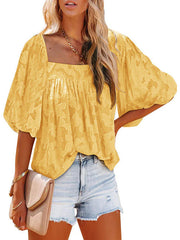 Ladies Square Collar Jacquard Chiffon Loose Tops