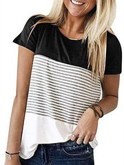 Striped Panel Crew Neck Short Sleeve Casual T-Shirt
