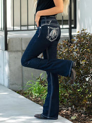 Women's Feather Embroidery High Waist Stretchy Casual Wide Leg Denim Pants