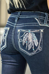 Women's Feather Embroidery High Waist Stretchy Casual Wide Leg Denim Pants