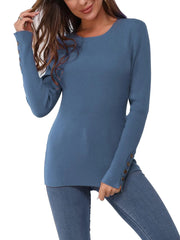 Women's Long Sleeve Button Crew Neck Pullover Sweater