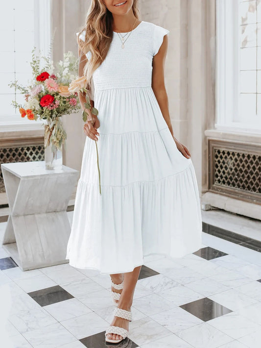 Women's Summer Casual Flutter Short Sleeve Smocked Midi Dress