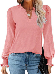Bubble Long Sleeve V-Neck Loose Casual Tops